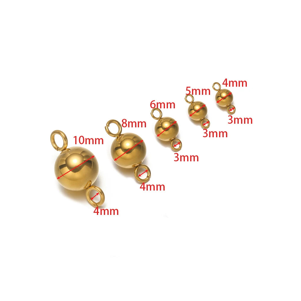 Gold plated ball charms size diagram with loops, solid spheres labeled 3–10mm