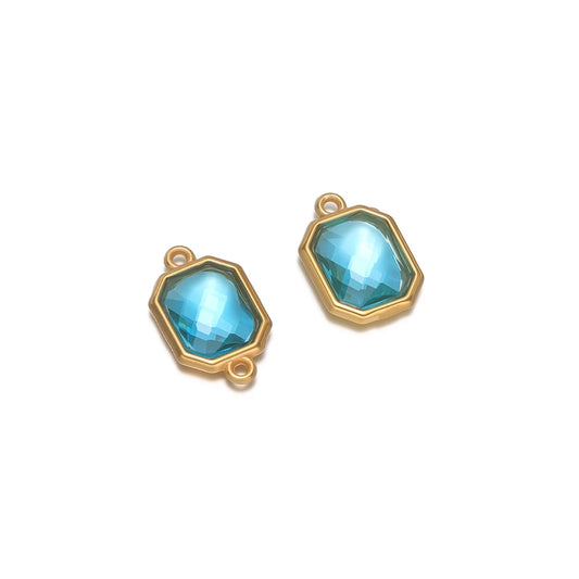 Blue faceted glass octagon charm connector with gold-tone loop, stainless steel