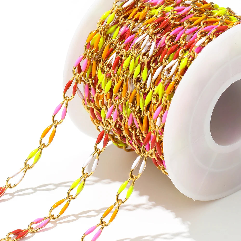 Twisted oval enamel chain, multicolor links with gold tone, DIY jewelry strand