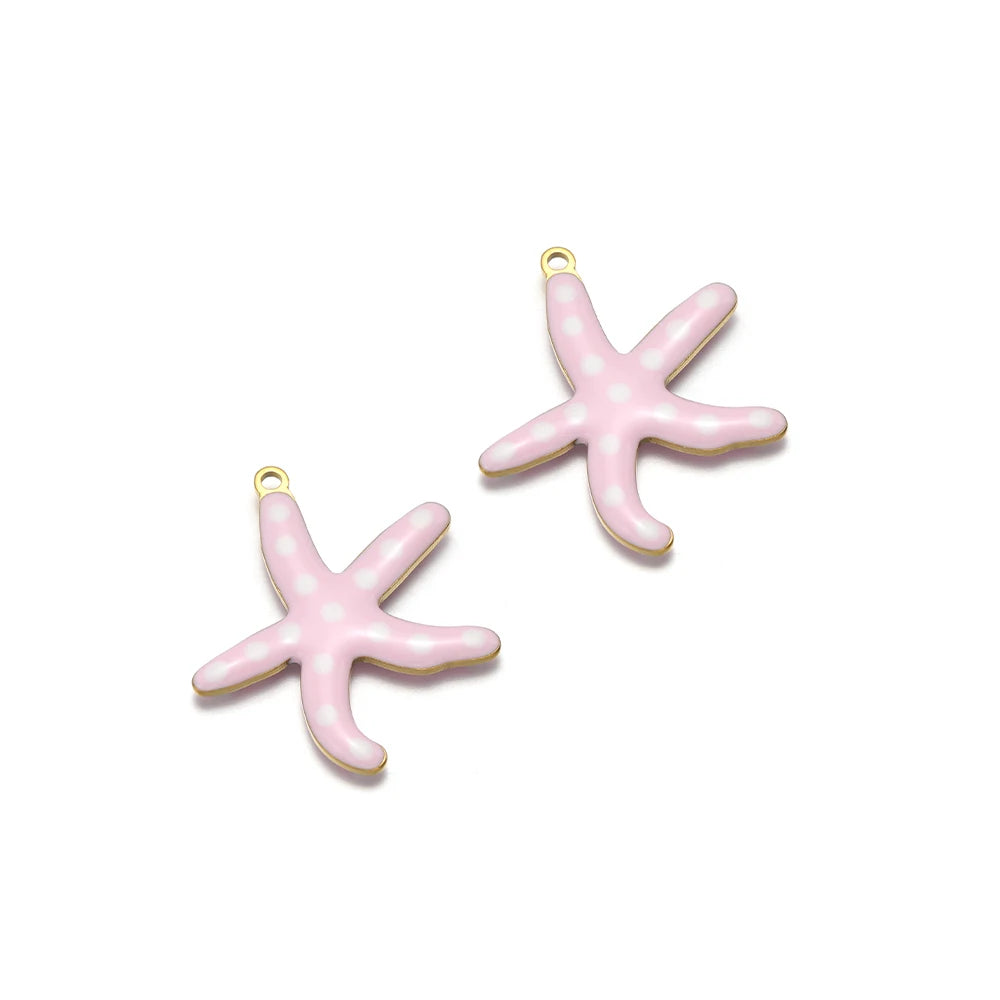 Blush pink enamel starfish charm with pale dots and gold loop, set of 2
