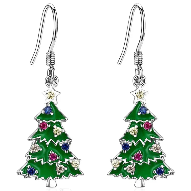 Two Christmas tree drop earrings with green enamel, jeweled ornaments, and silver-tone hooks