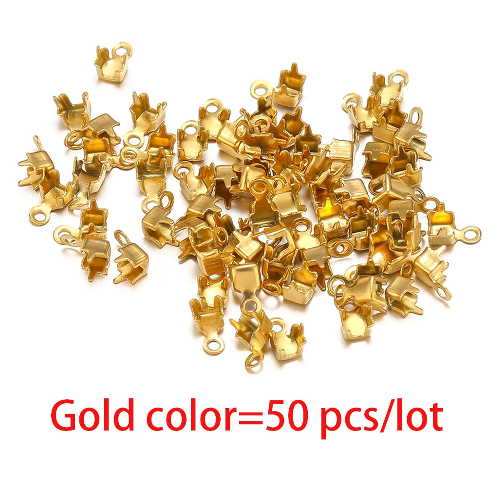 Gold cord end crimp clasp tips with loop, bulk set for DIY jewelry making