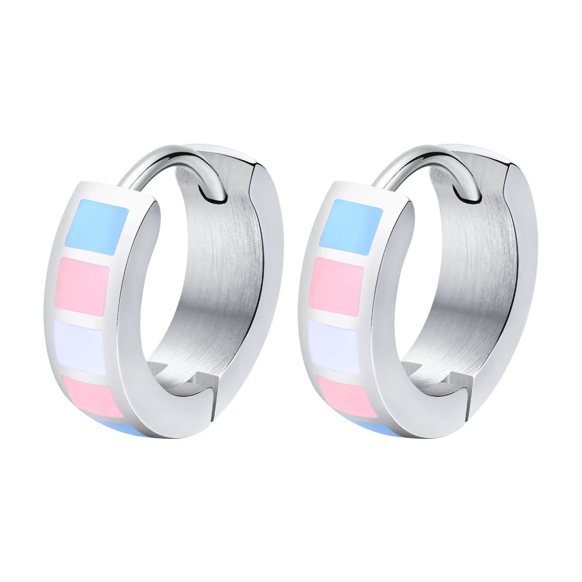 Pair of stainless steel huggie hoops with light blue, pink, white, and pale pink enamel blocks