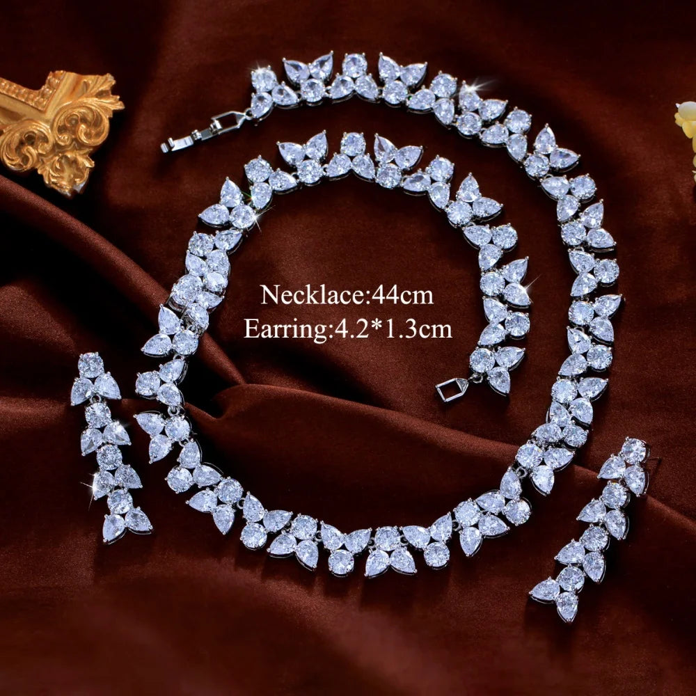 Clear zirconia leaf necklace and dangling earrings, shown with 44 cm necklace length