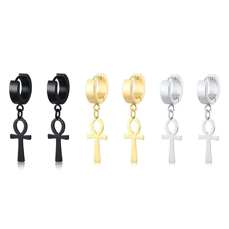 Cross drop hoop earrings set in black, gold, and silver for men