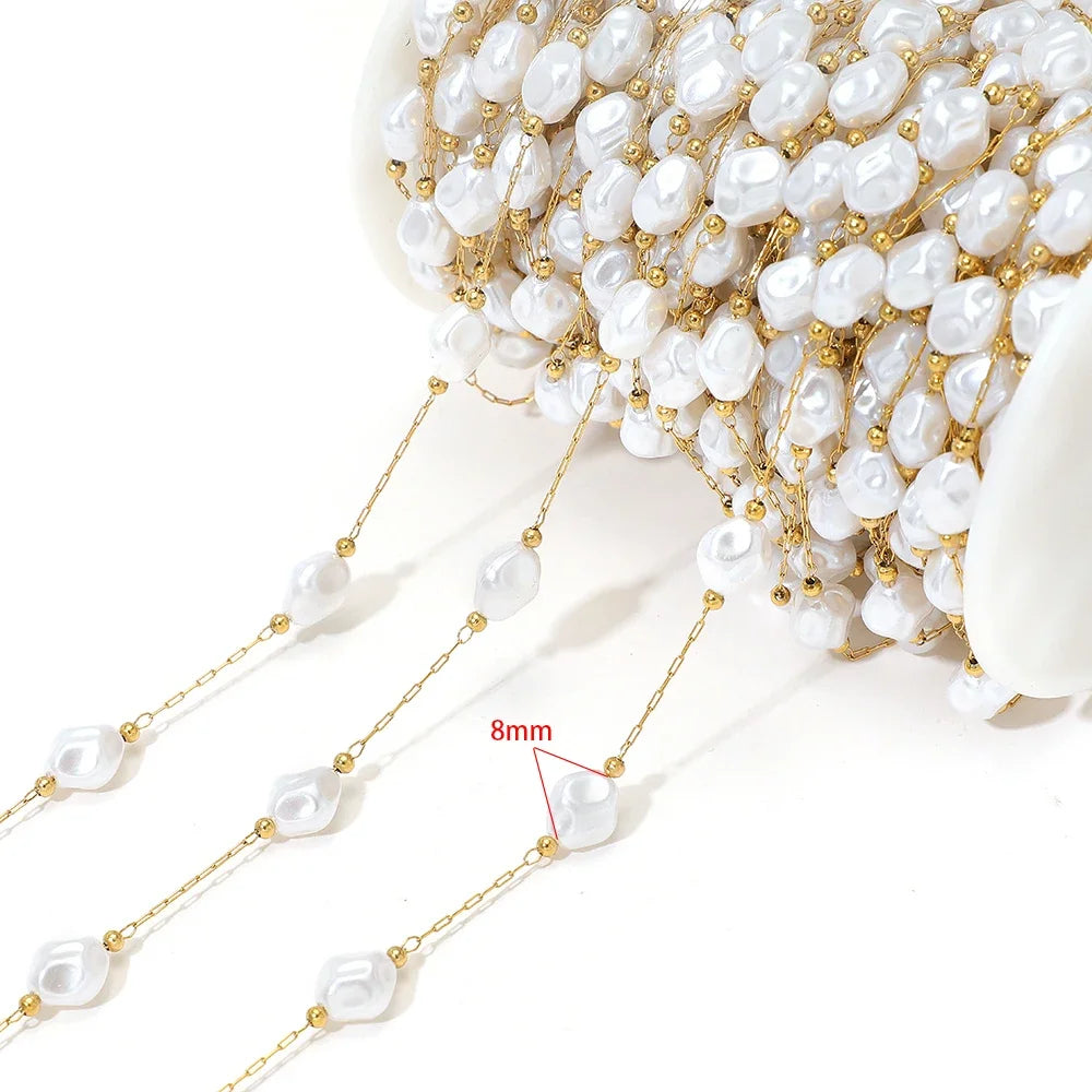 Gold-tone chain with white artificial pearl flower charms, 8mm size shown