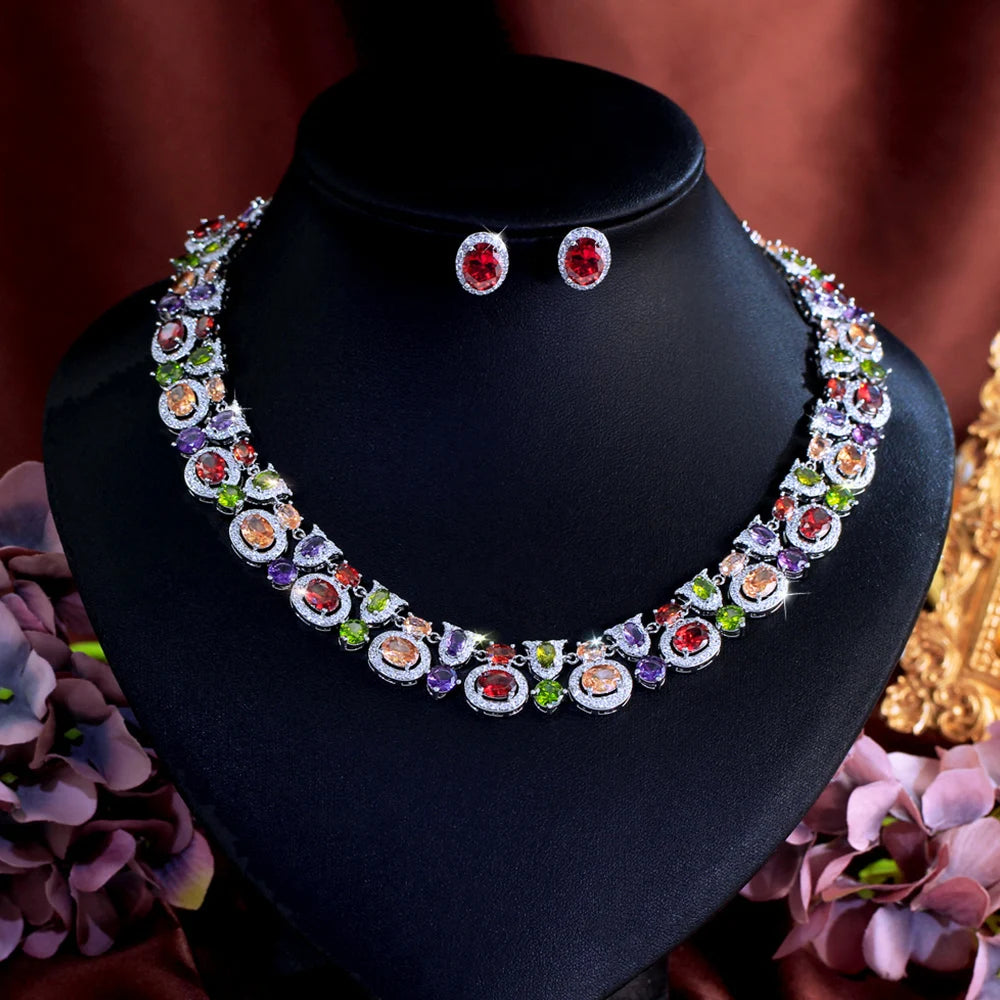 Luxury Geometric Multicolor Cubic Zirconia Earrings Wedding Costume Jewelry Sets For Women Boho Party