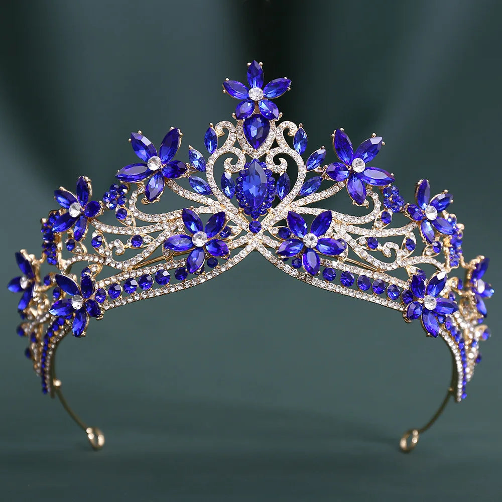 Baroque Crystal Flower Blue Opal Tiaras For Women Party Luxury Bride Diadem Rhinestone Crown Hair Accessories Jewelry
