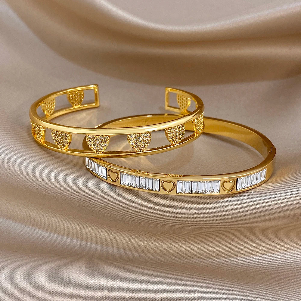 Gold heart zirconia cuff bangle set, two matching hinged bracelets with stone bands