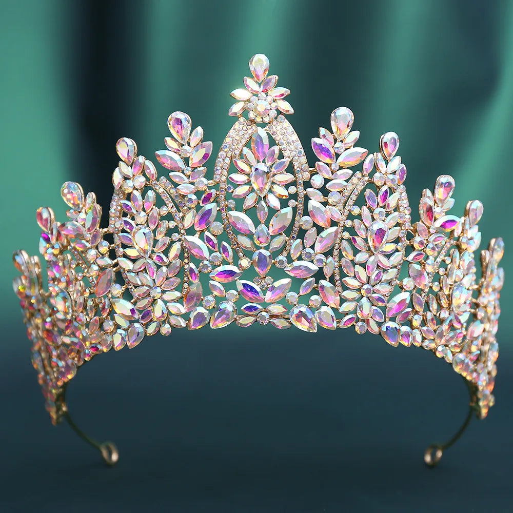 Iridescent crystal tiara with multi-color marquise stones and floral arch