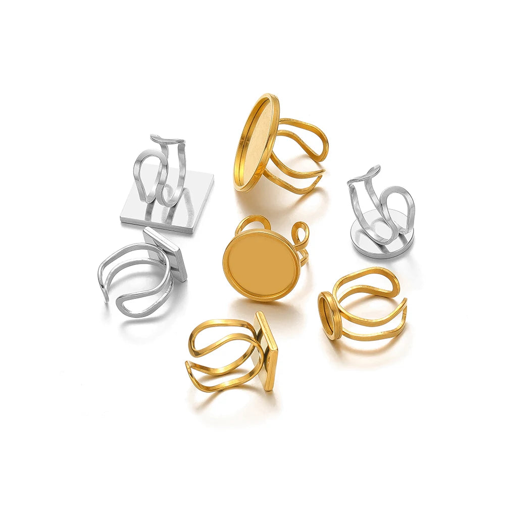 Gold- and silver-tone open cabochon ring bases with round and square bezel settings