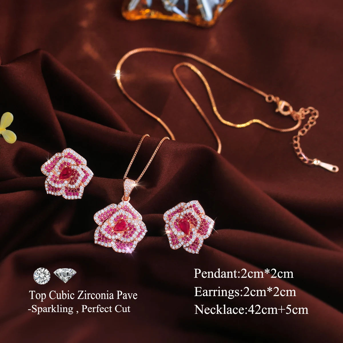 Rose-red flower CZ jewelry set with pendant, earrings, and chain clasp