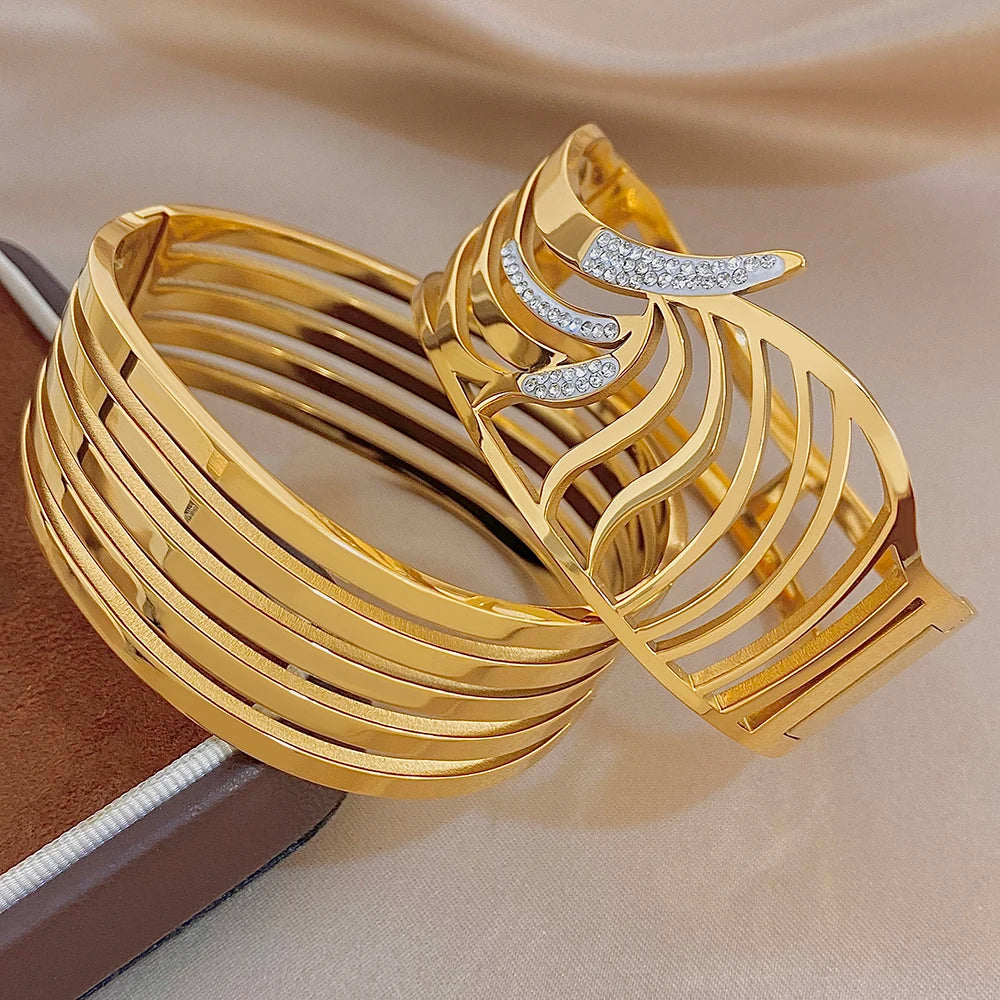Irregular Geometric Zircon Wide Bracelets for Women Unique Design Gold Plated Stainless Steel Cuff Bangle Waterproof Jewelry Set