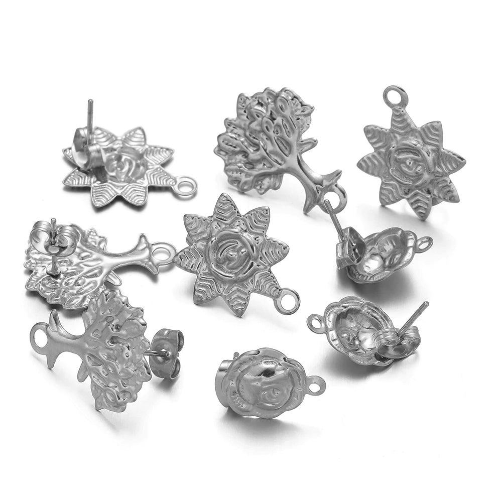 Silver-toned sunflower stud earring charms with loop backs, Tree of Life style, 10pcs