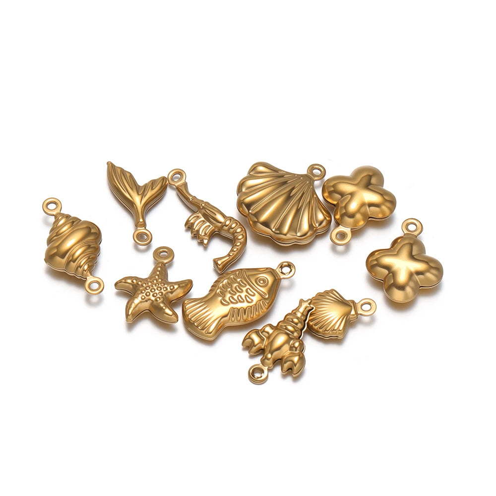 Gold hollow marine animal pendant charms set, starfish and shells with loops