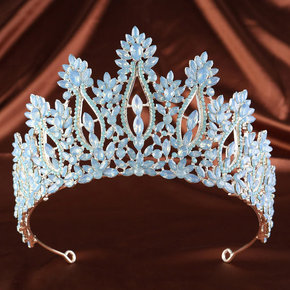 Light blue rhinestone tiara with crystal floral crown and arched openwork band