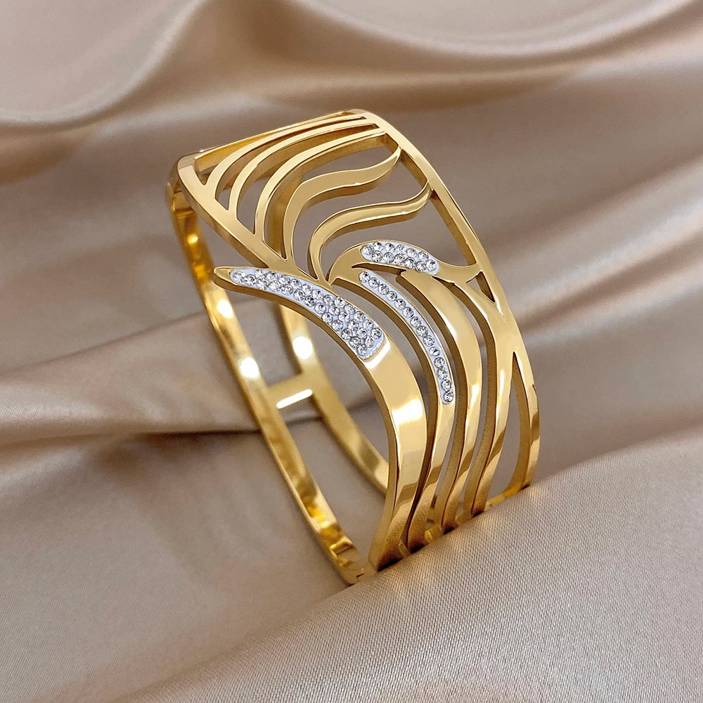 Irregular Geometric Zircon Wide Bracelets for Women Unique Design Gold Plated Stainless Steel Cuff Bangle Waterproof Jewelry Set