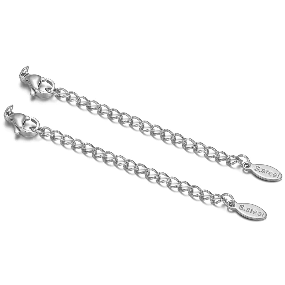 Silver lobster clasp extension tail chains with S-steel engraved heart end plates