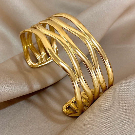 Exaggerated Geometric Stainless Steel Cuff Bangle Bracelets Irregular Gold Plated Chunky Wristband Bracelet Waterproof Jewelry