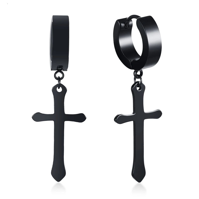 Black cross drop hoop earrings with hanging straight cross charm
