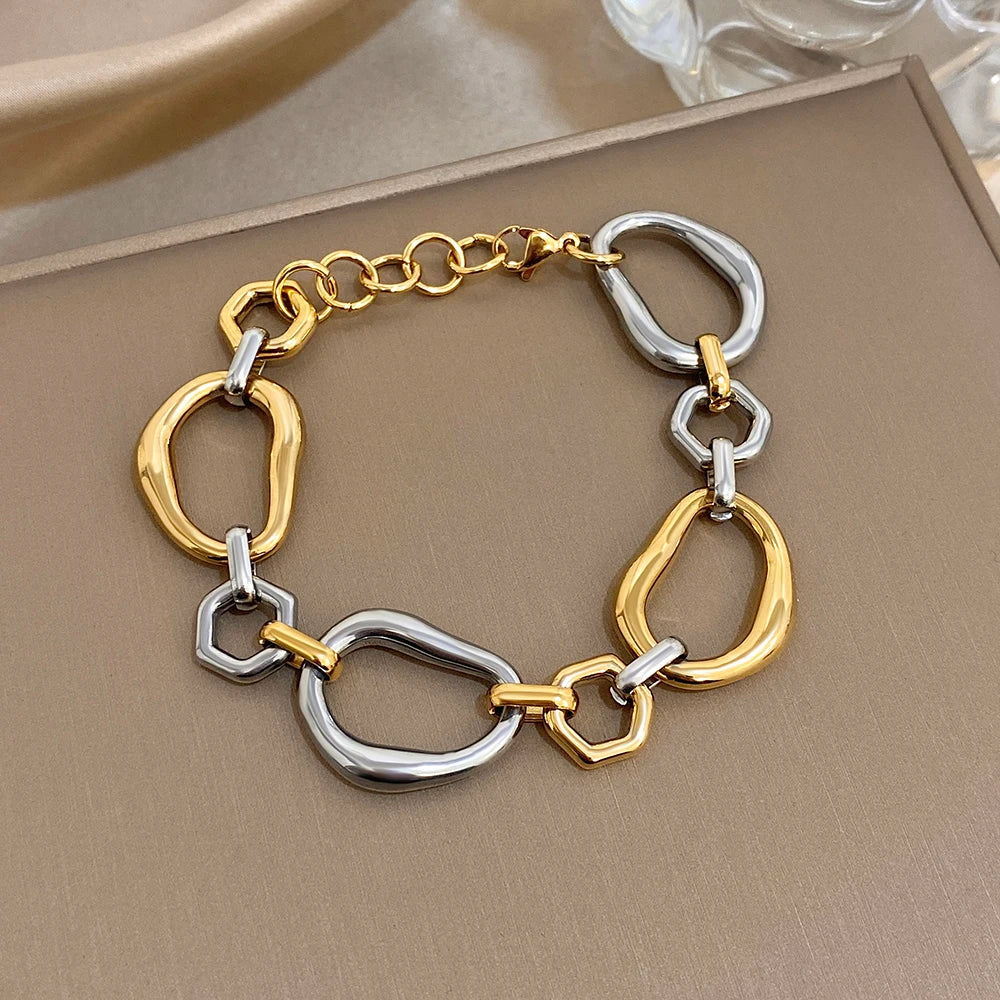 Irregular Geometric Circle Chain Bracelets for Women Fashion Two Tone Stainless Steel Wristband Bracelet Waterproof Jewelry
