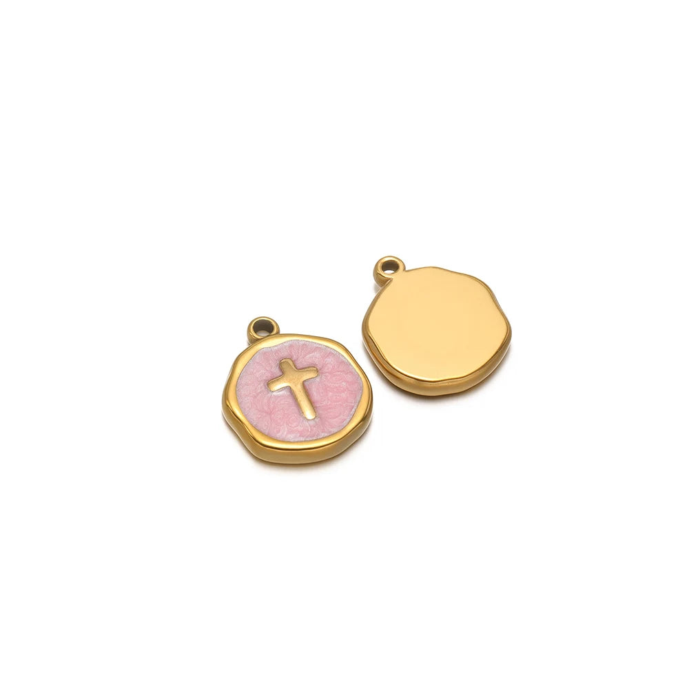 Enamel cross charm pendant, pink round with gold-tone border and plain gold-tone charm