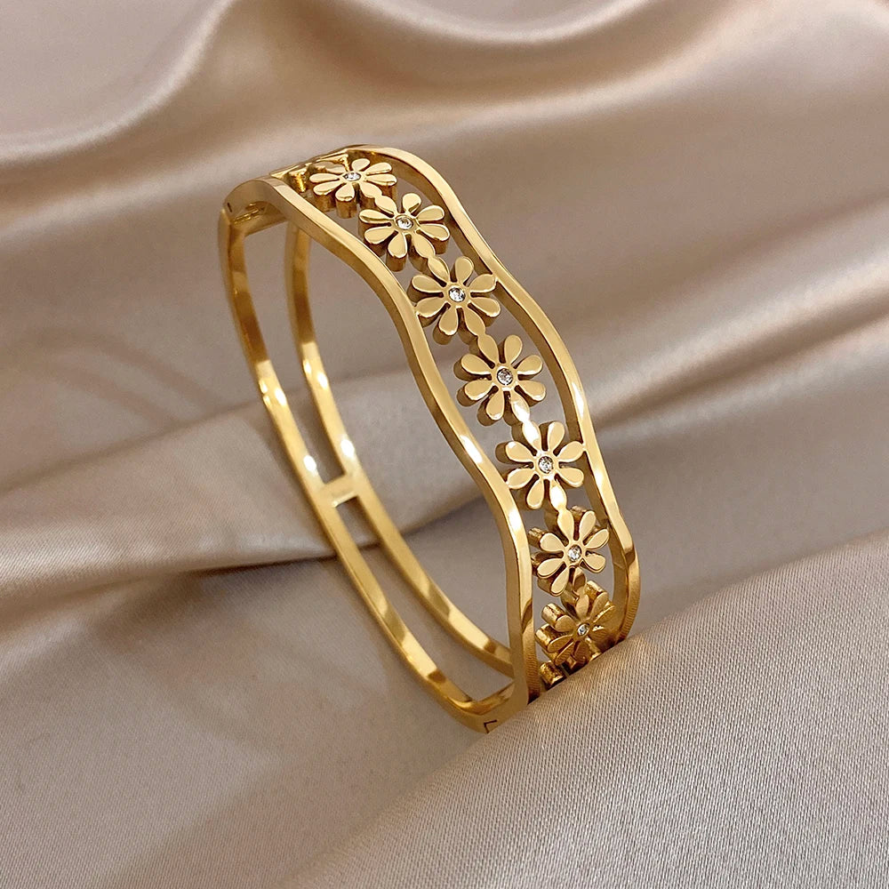 Delicate Colorful Zircon Flower Wave Wide Bracelet for Women Trendy Gold Plated Stainless Steel Cuff Bangles Waterproof Jewelry
