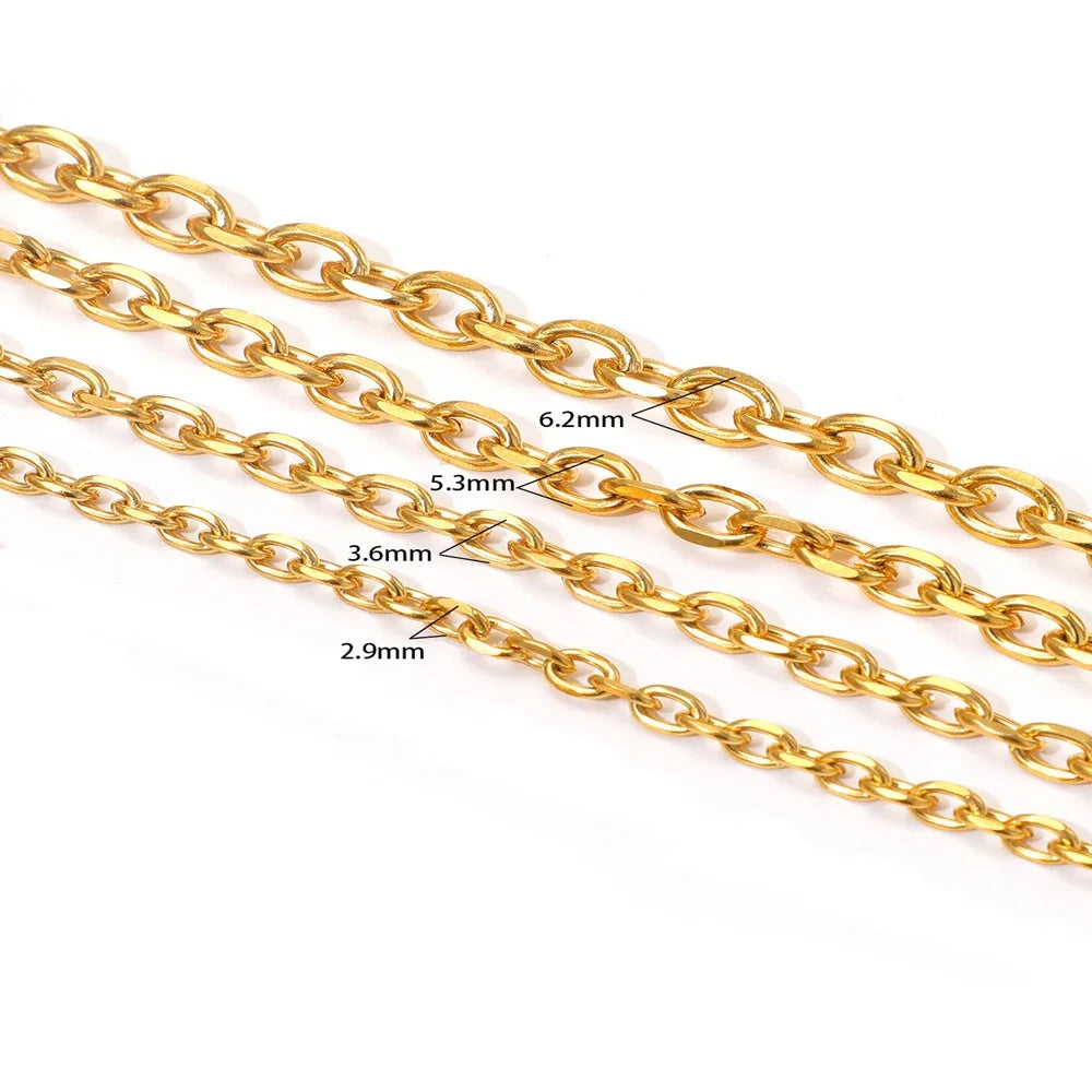 Gold O-link chain with size labels: 2.9mm, 3.6mm, 5.3mm, 6.2mm