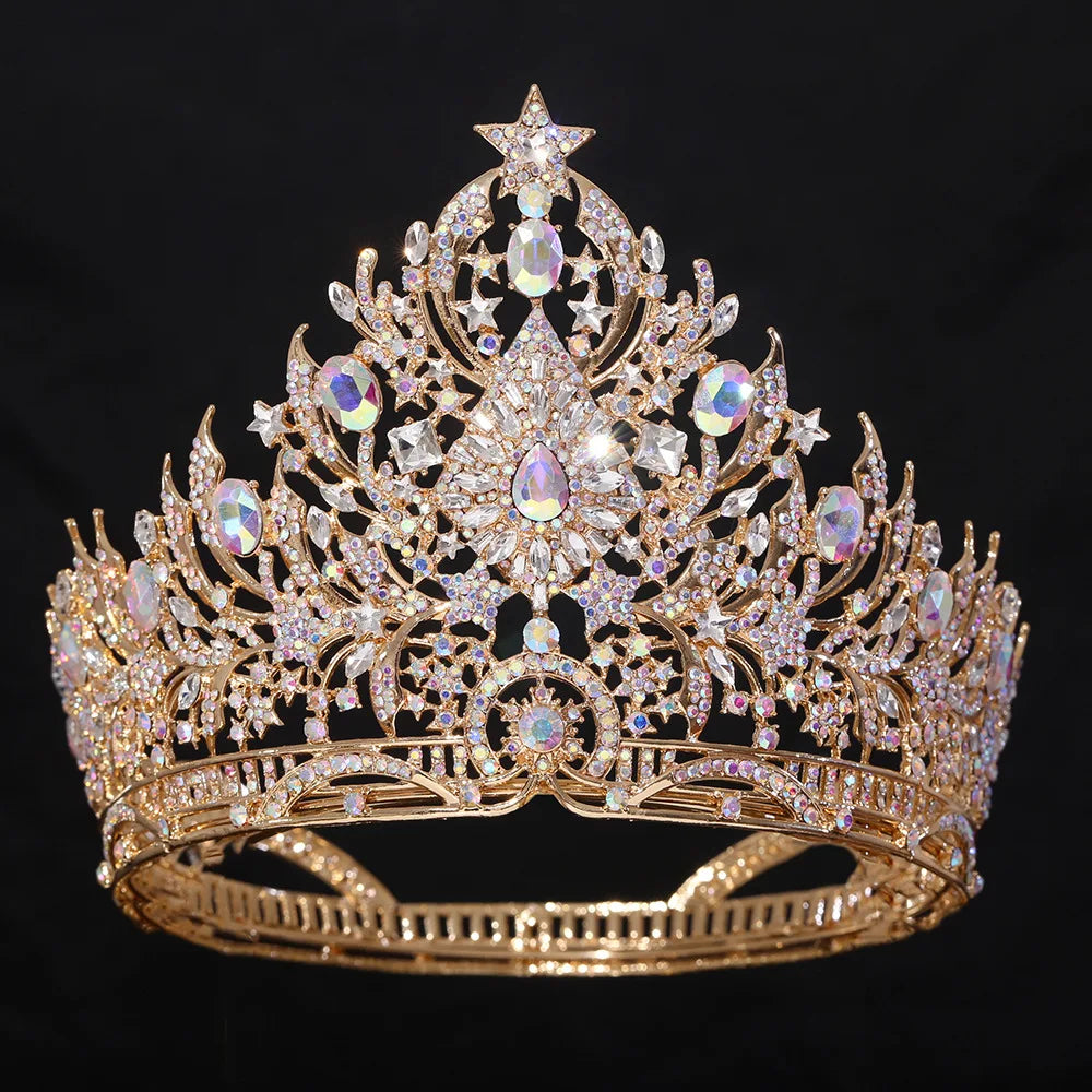 Gold-tone iridescent crystal bridal tiara with multicolor gem teardrops and star top