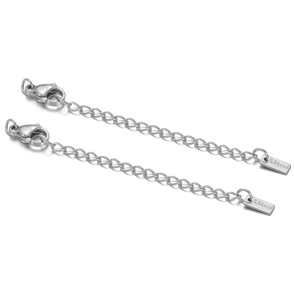 Silver lobster clasp extension tail chains with S-steel engraved tag plates and clasp links