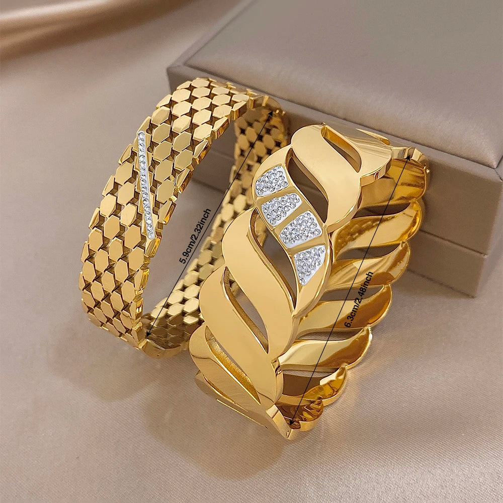Luxury Rhinestone Stainless Steel Cuff Bracelet for Women Trendy Zircon Geometric Gold Color Wide Bangles Waterproof Jewelry Set