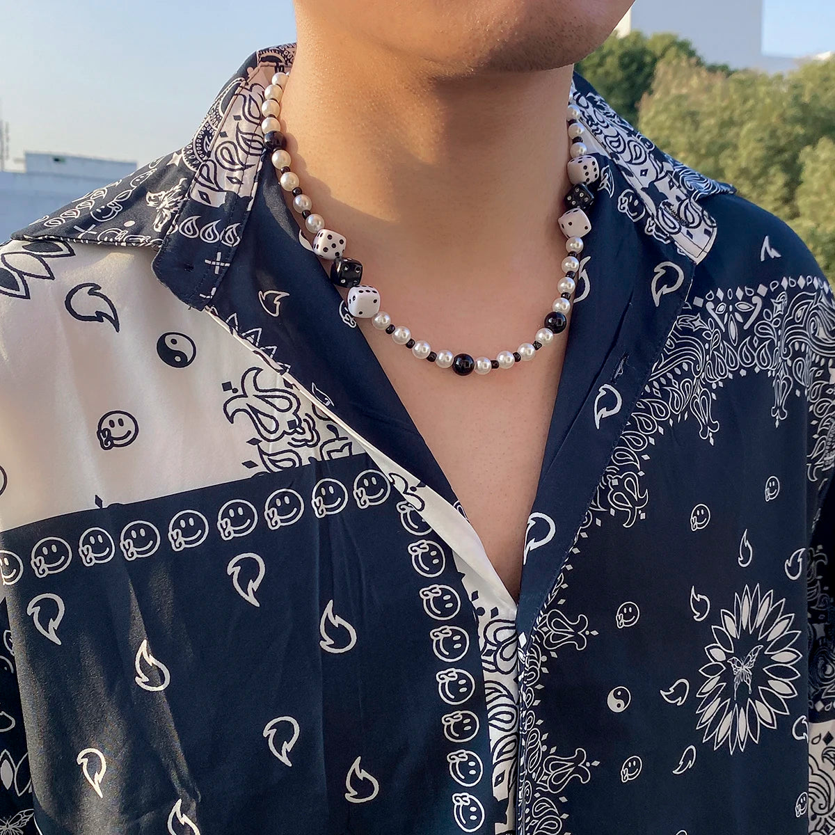 Trendy Short Imitation Pearl Choker Necklace For Men Chain Punk Lucky Dice Jewelry