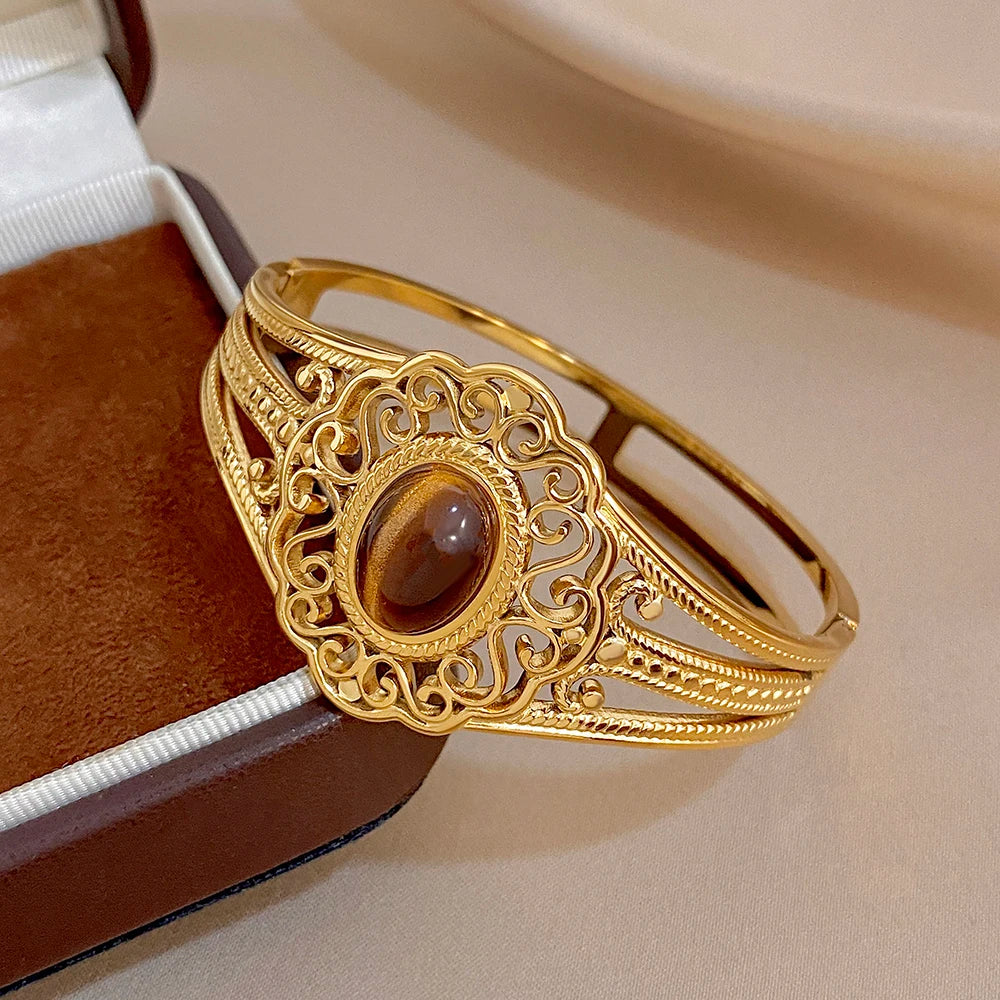 Retro Gold Plated Stainless Steel Cuff Bangle for Women Exaggerated Carved Flower Tiger's Eye Stone Bracelets Waterproof Jewelry