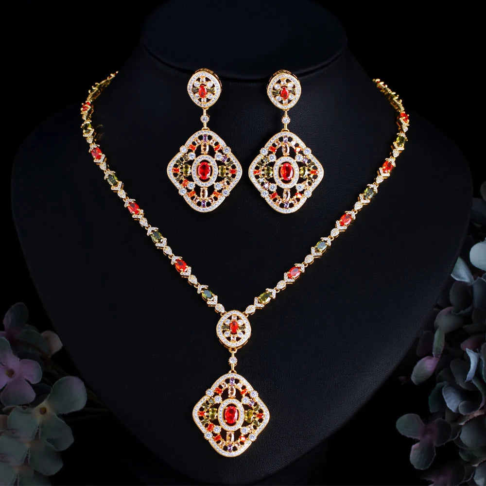 Gold-tone bridal necklace with geometric red crystal drop earrings set