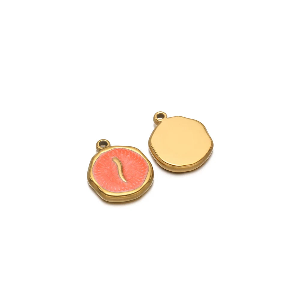Enamel snake charm pendant, orange round with gold-tone border and plain gold-tone charm