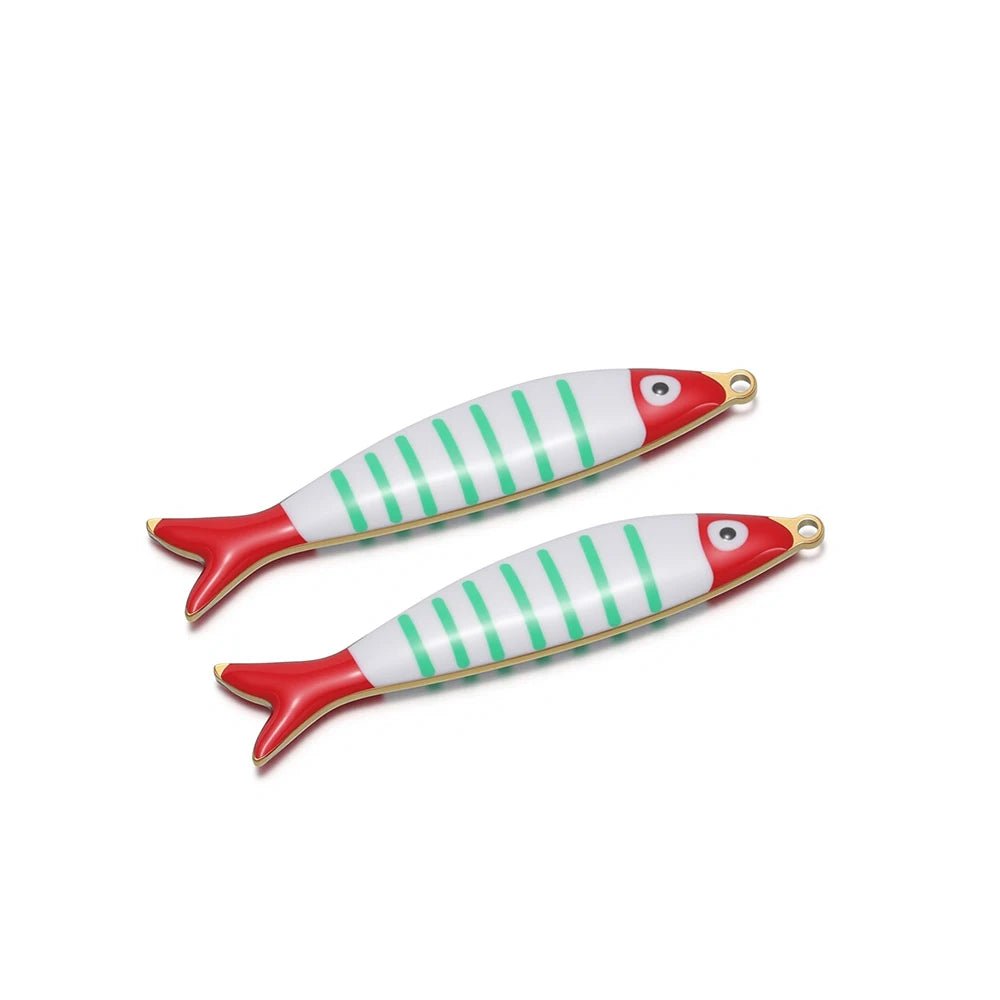 Fish-shaped pendant charm, red tail, white with green stripes and gold loop