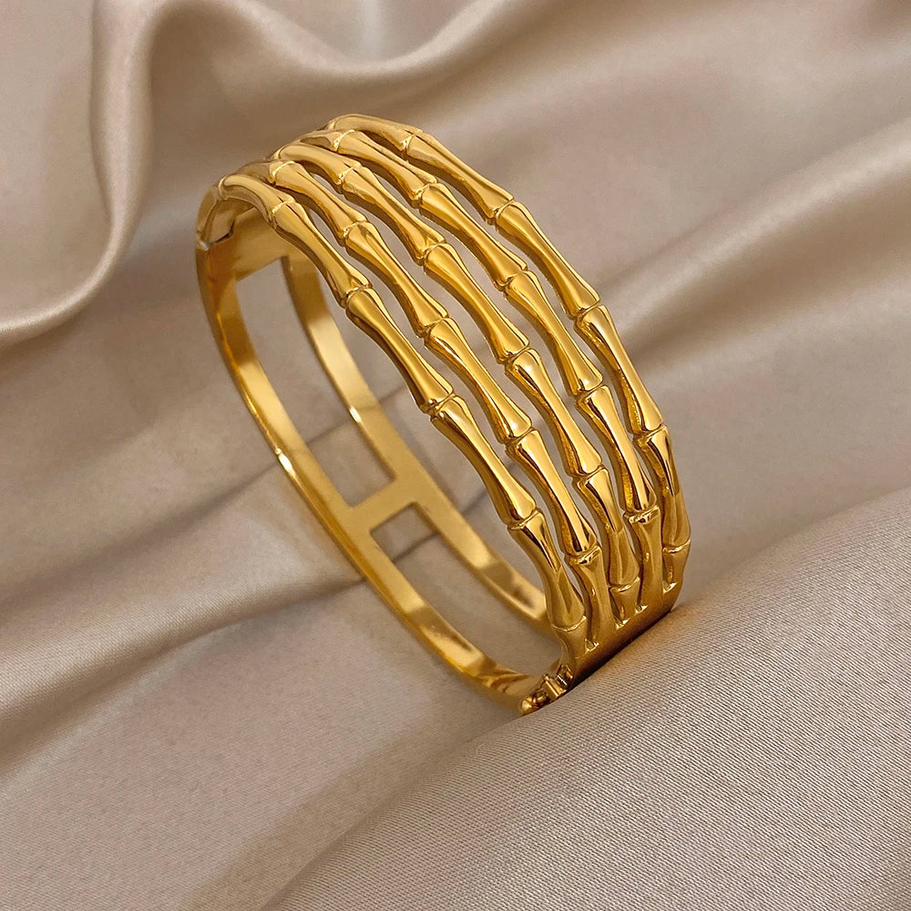 Unique Geometric Multilayer Bamboo Wide Bracelet Stylish Gold Plated Stainless Steel Cuff Bangle Bracelets Waterproof Jewelry