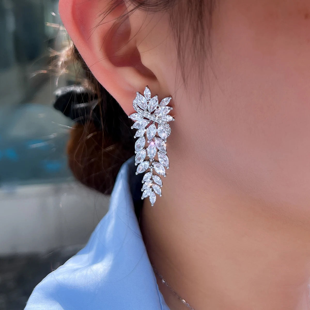 Fashion Full Cubic Zirconia Leaf Long Dangle Earrings CZ Wedding Prom Jewelry For Women