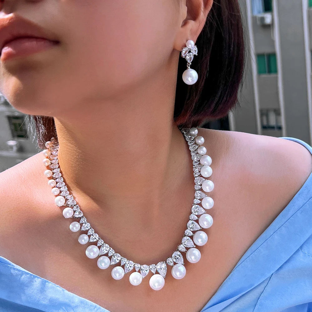 Pearl rhinestone choker necklace and drop earrings set, silver-tone