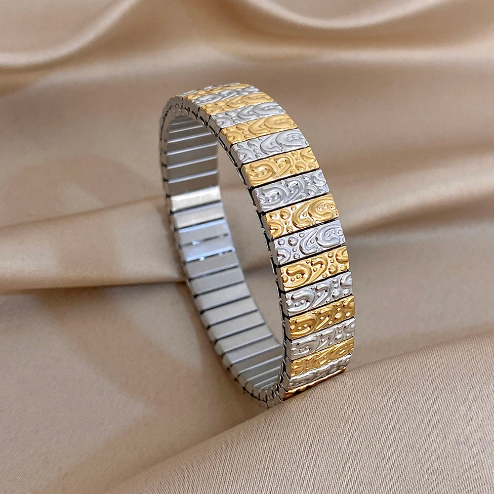 Irregular Geometric Textured Wide Bangle Bracelets Vintage Chunky Stainless Steel Elastic Watchband Bracelet Waterproof Jewelry
