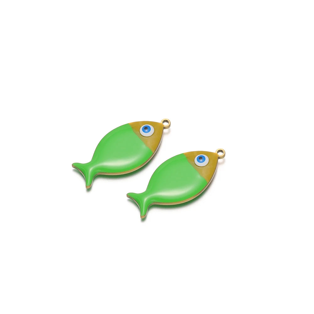 Green enamel fish charms with gold loop and blue eye detail, 2pcs for DIY jewelry.