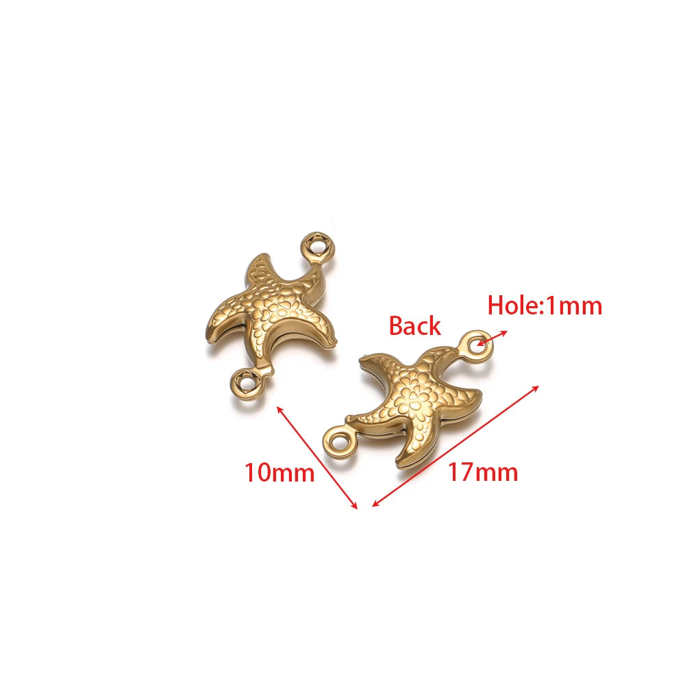 Hollow starfish pendant charm, gold-tone stainless steel, 1mm loop hole, engraved floral detail
