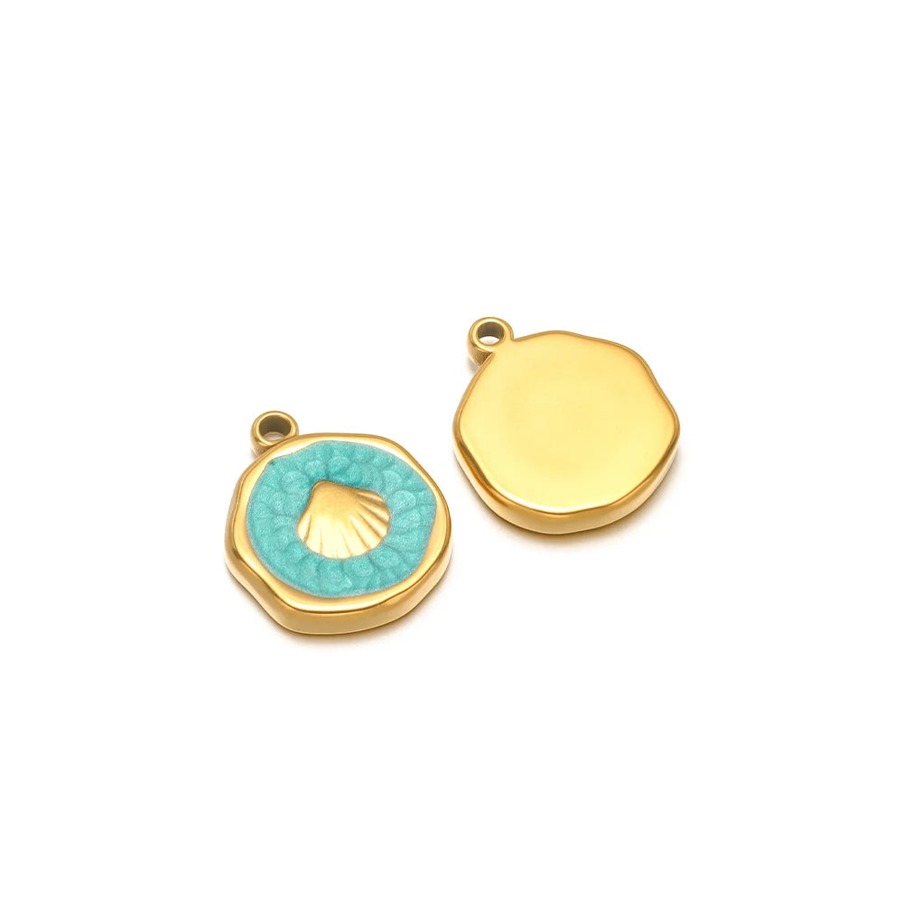 Enamel shell charms set: teal scallop motif charm and plain yellow round-face charm