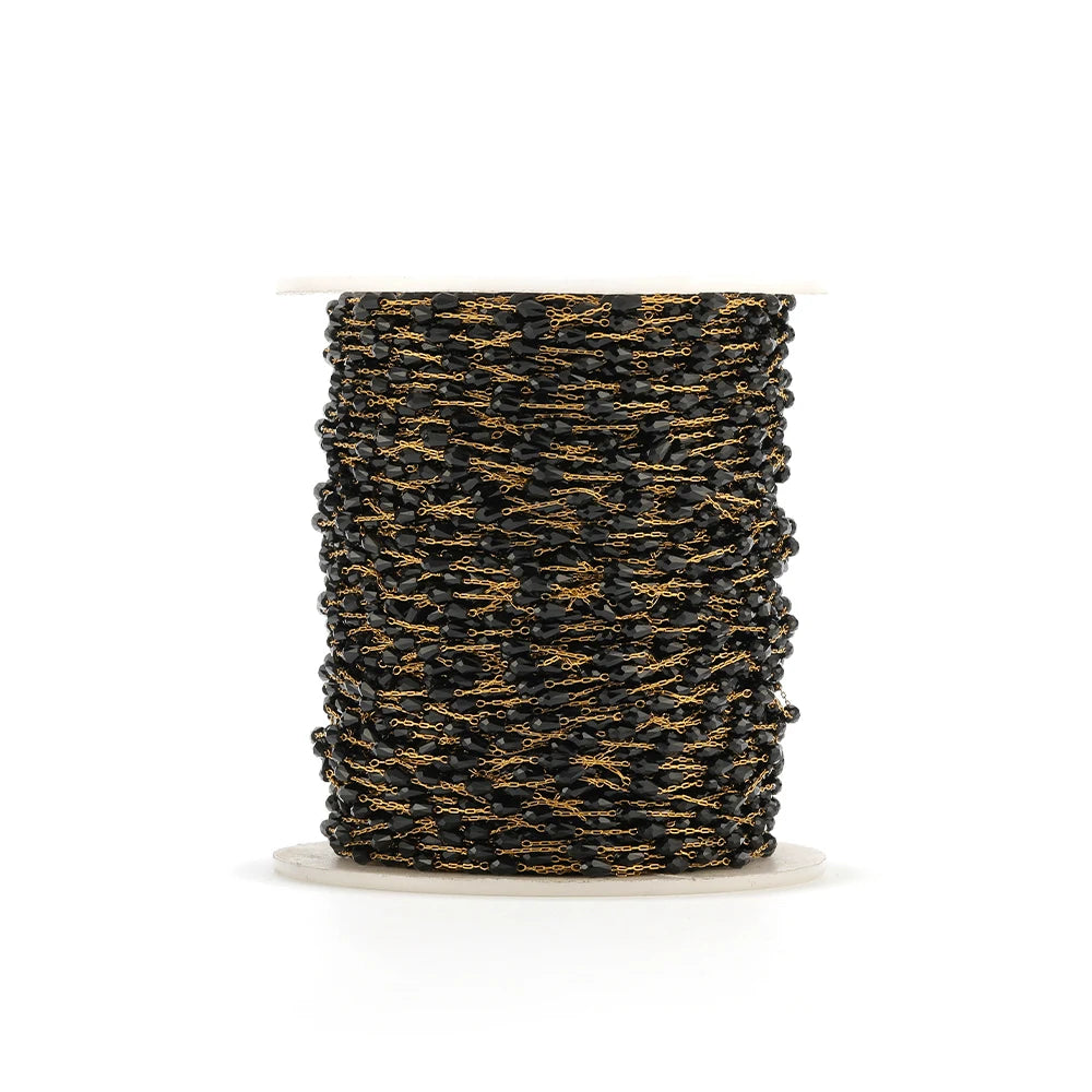 Gold-tone oval crystal bead chain on spool, stainless steel wire for DIY crafts