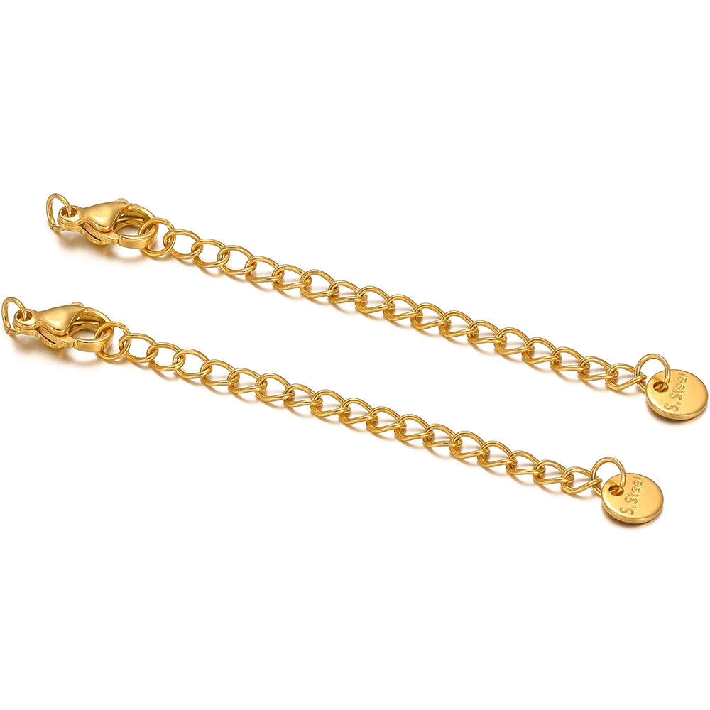 Gold lobster clasp extension tail chains, two linked strands with engraved end plates
