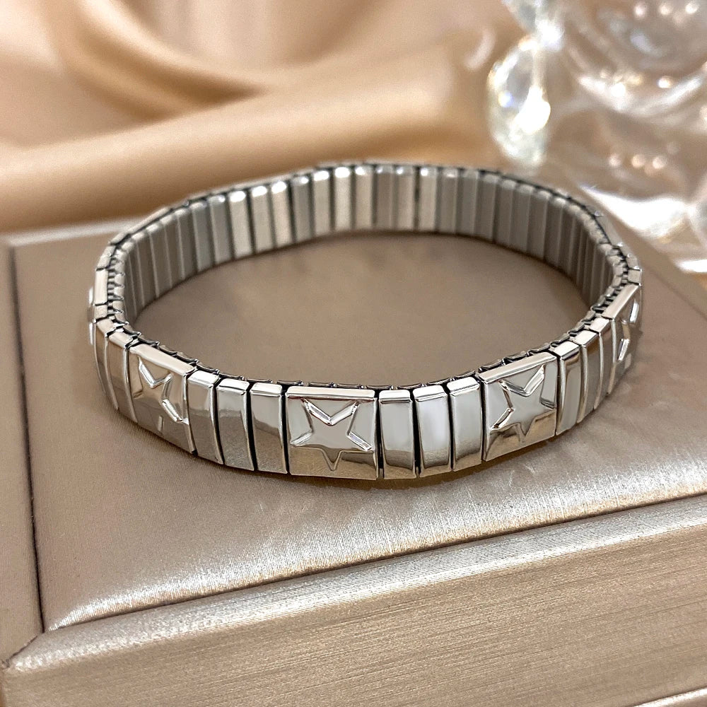 Trendy Star Textured Stainless Steel Bracelet for Women Men Adjustable Elastic Watchband Bangle Bracelets Waterproof Jewelry