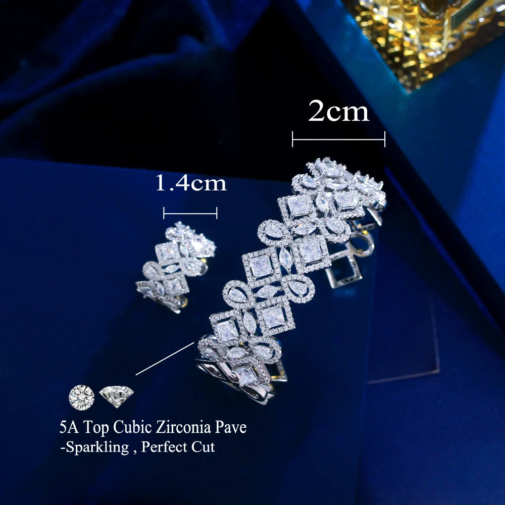 Cubic zirconia bracelet and ring set; 2cm and 1.4cm size markers, silver-tone