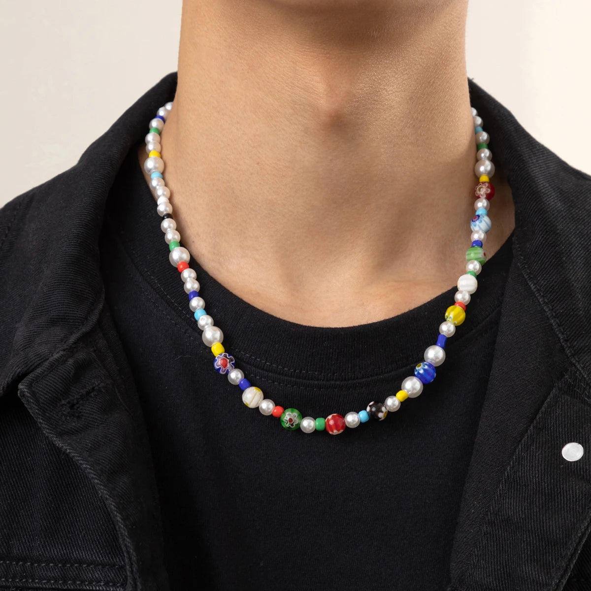 Trendy Beaded Chain Necklace CCB and Imitation Pearl Beads For Men Jewelry
