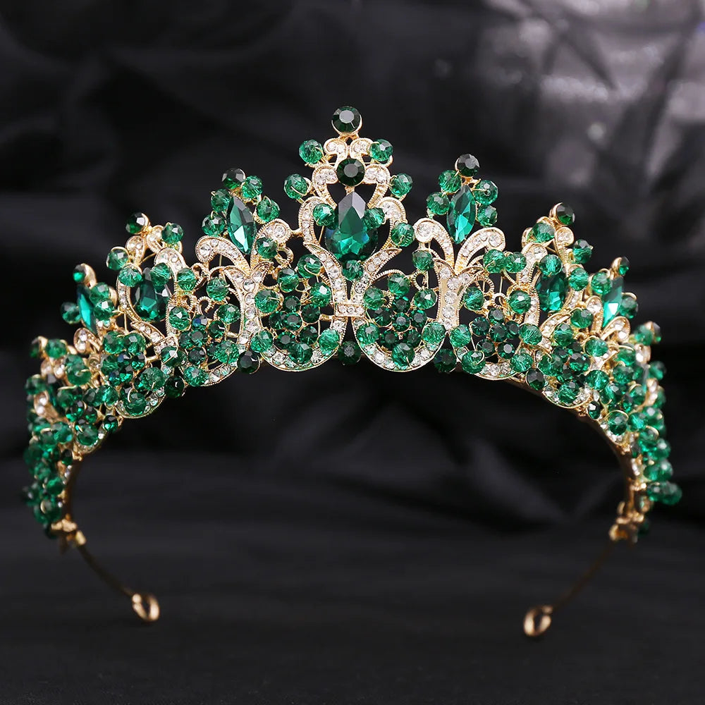 Emerald green crystal tiara crown with vivid green gemstones and gold-tone settings