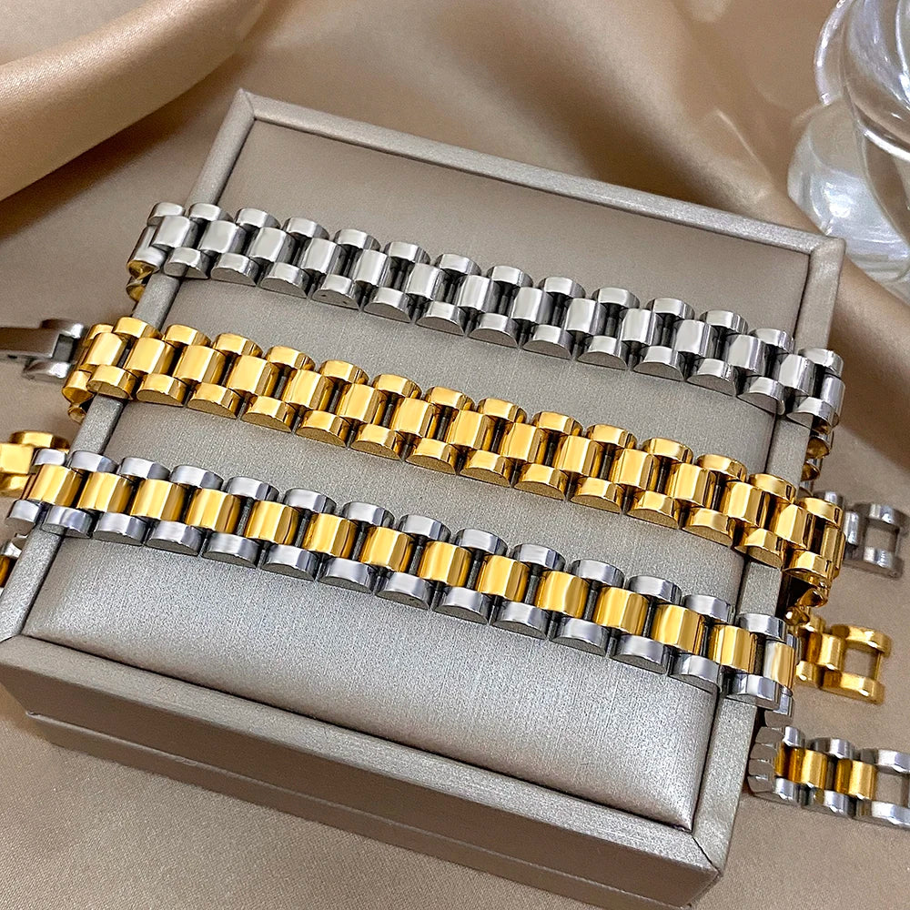 Classic Belt Buckle Stainless Steel Bracelet for Women Men Chunky Gold Silver Color Watch Band Bangles Waterproof Jewelry
